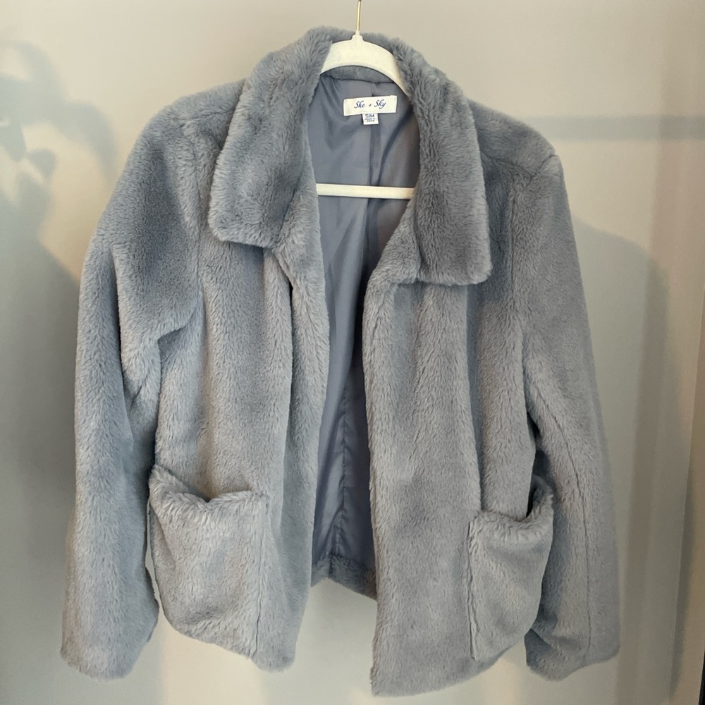 She + Sky Light Gray-Blue Teddy Jacket
